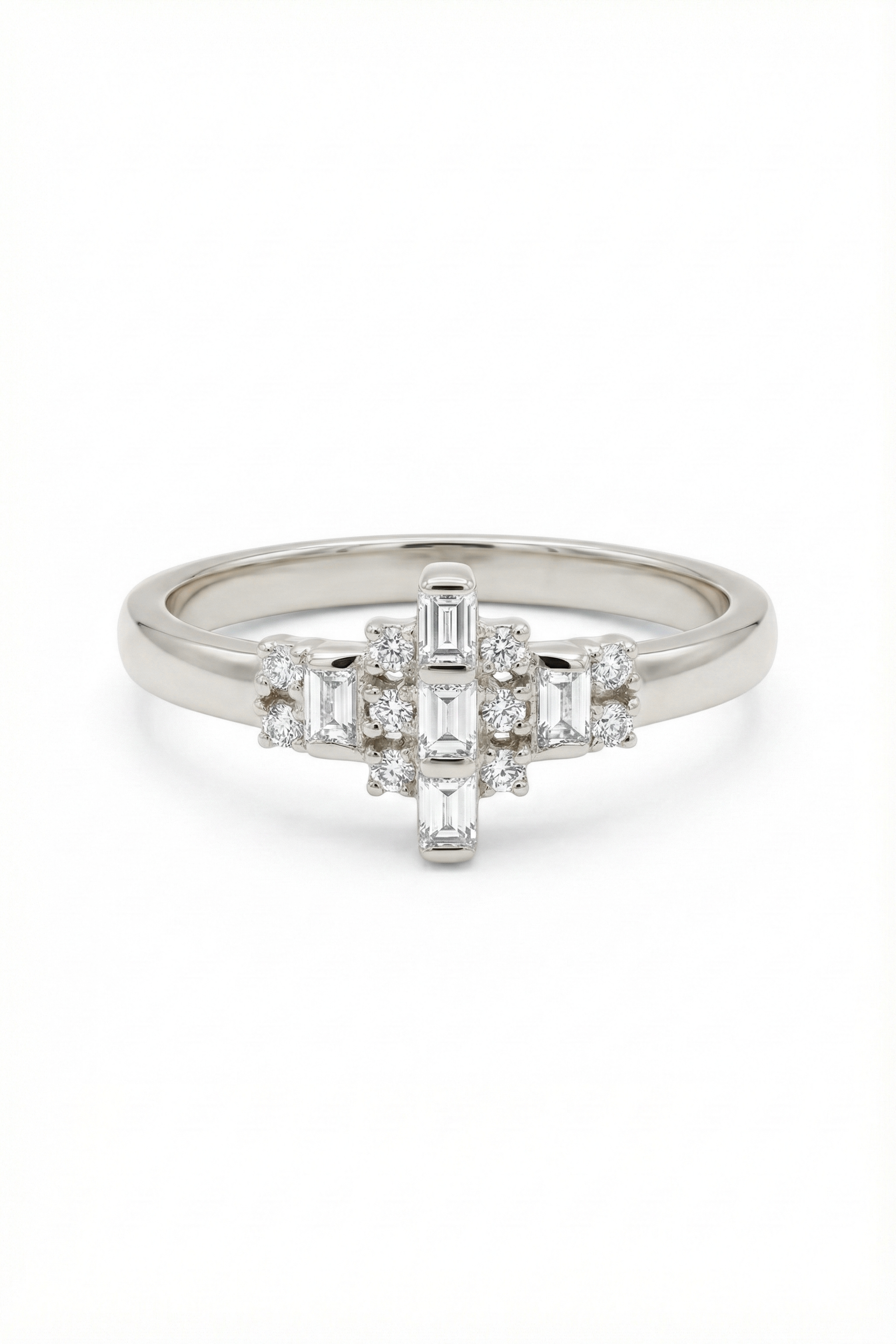 14k Gold Baguette and Round Diamond Cluster Ring