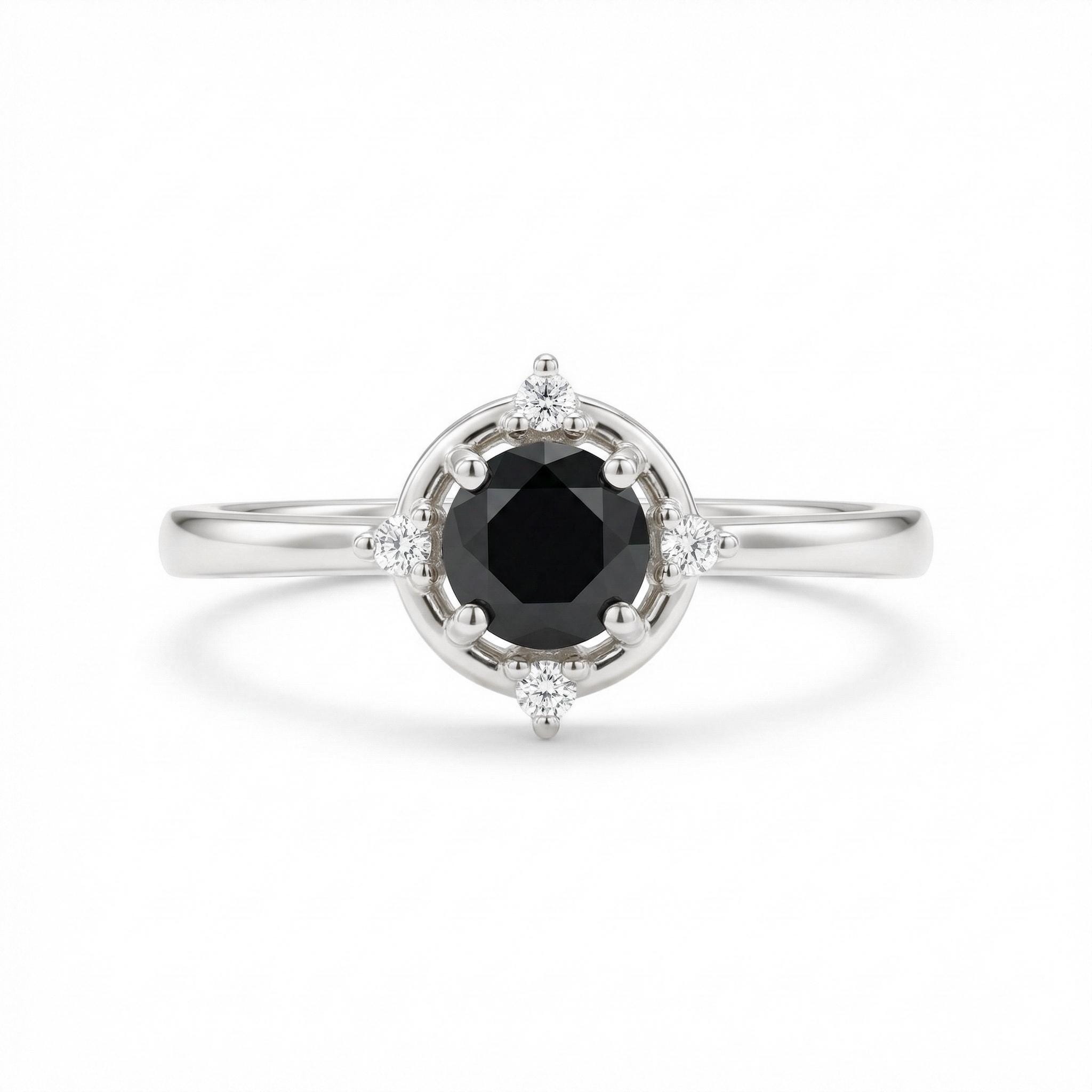14K Gold Black Stone Halo Ring Minimal Round Center Accent Ring