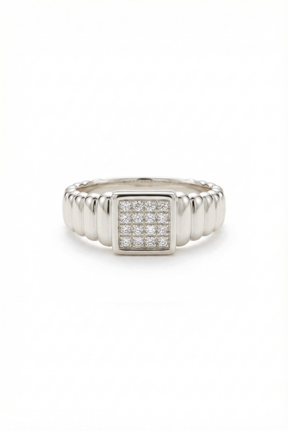 14K Gold Fluted Square Pavé Signet Ring