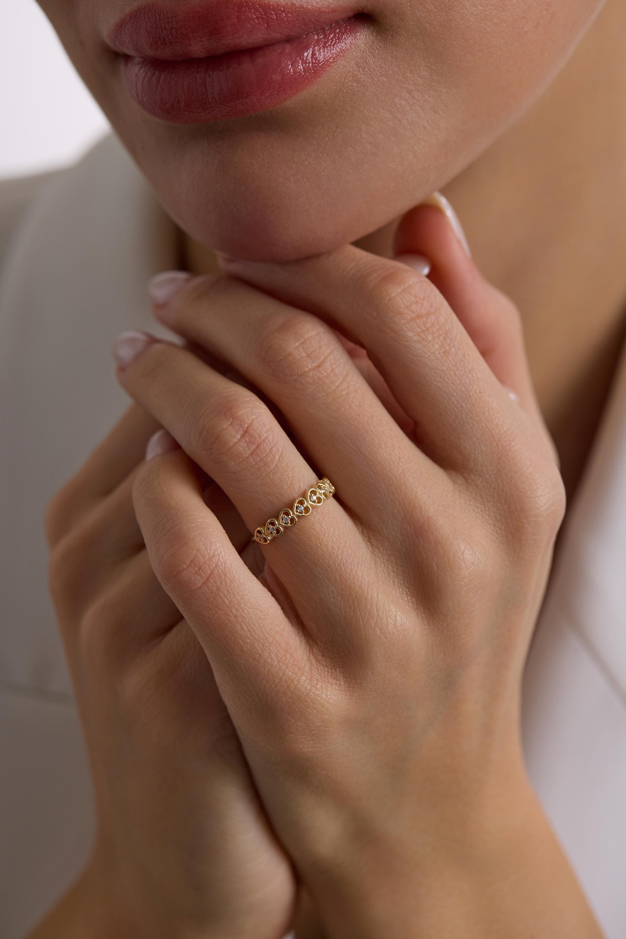 14K Gold CZ  Heart Band