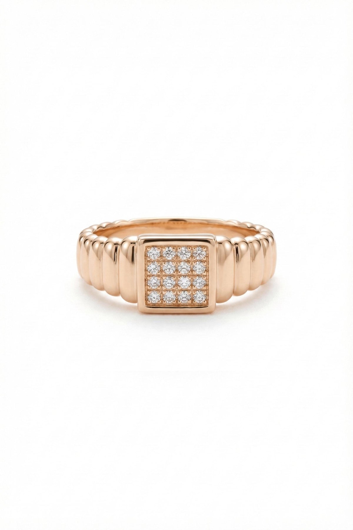 14K Gold Fluted Square Pavé Signet Ring