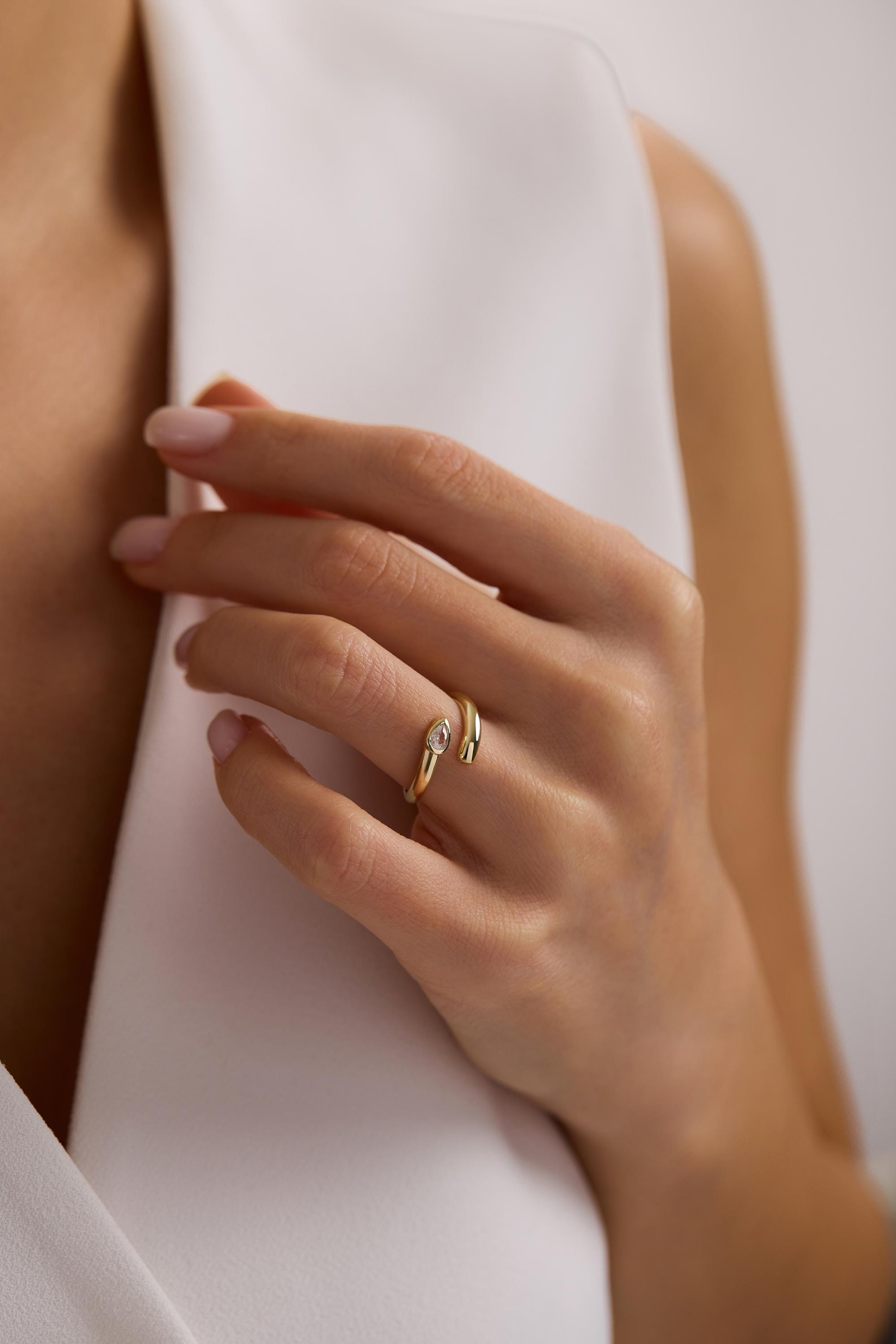 14K Gold Pear Bezel Open Wrap Ring