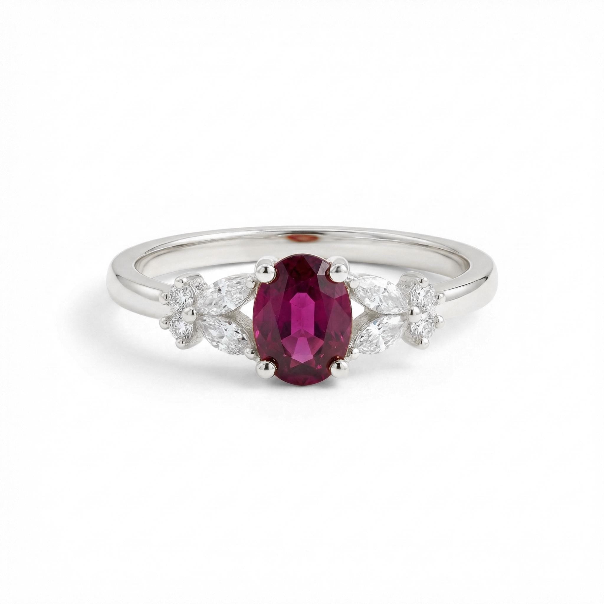 14K Gold Oval Rhodolite Ring Marquise Accent Halo Style Ring