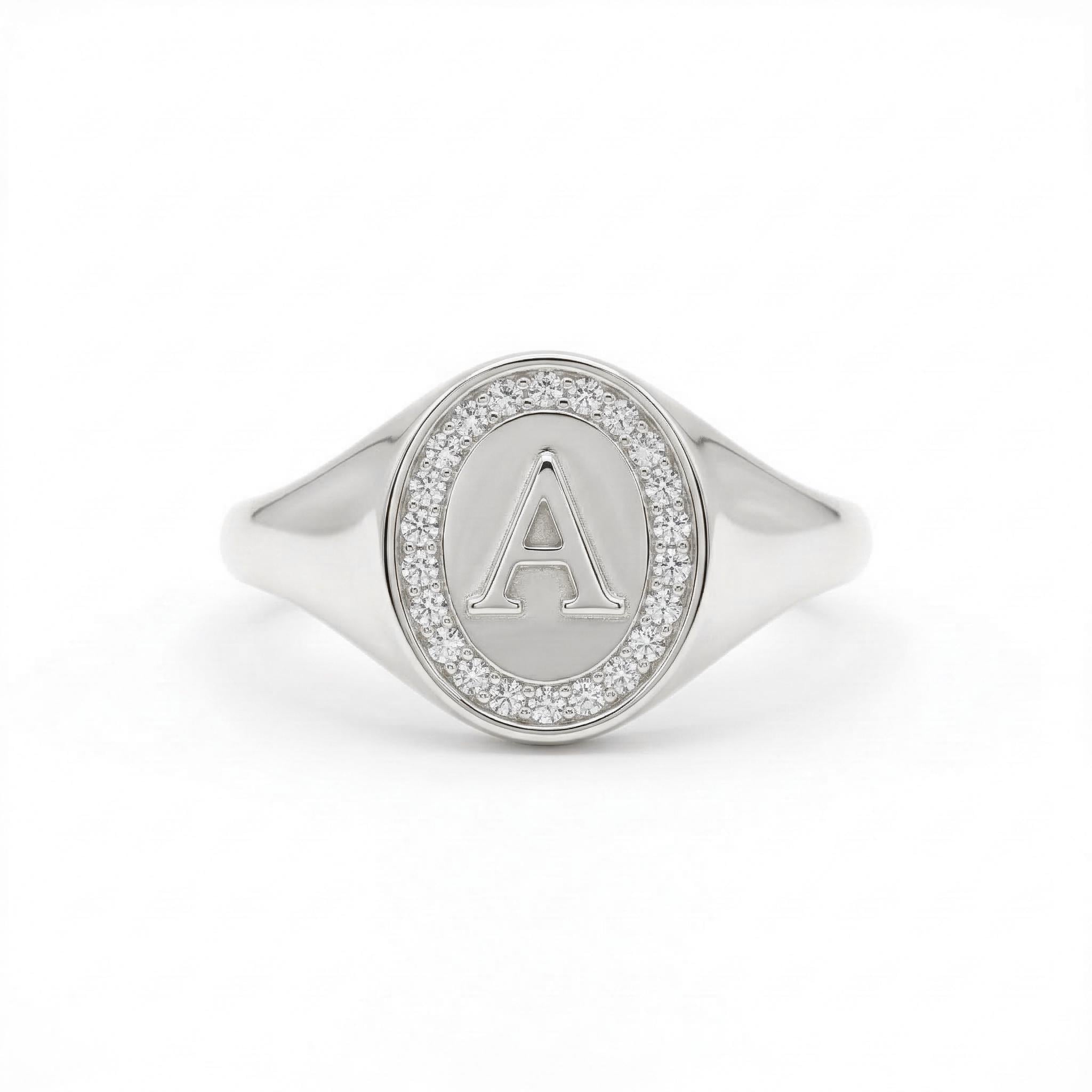 14K Gold Initial Diamond Signet Ring Minimal Letter Ring
