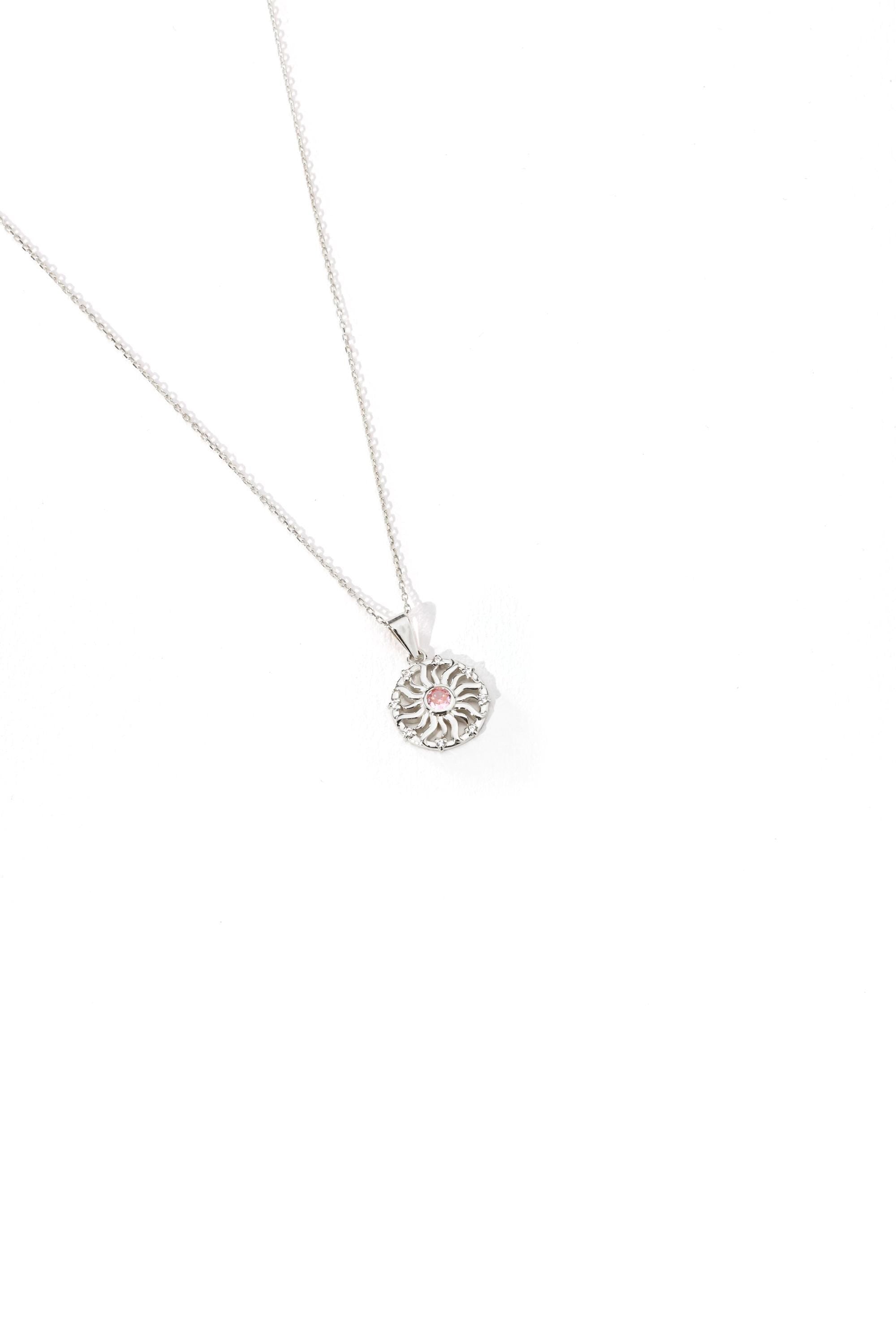 14K Solid Gold Sunburst Necklace with Pink Sapphire