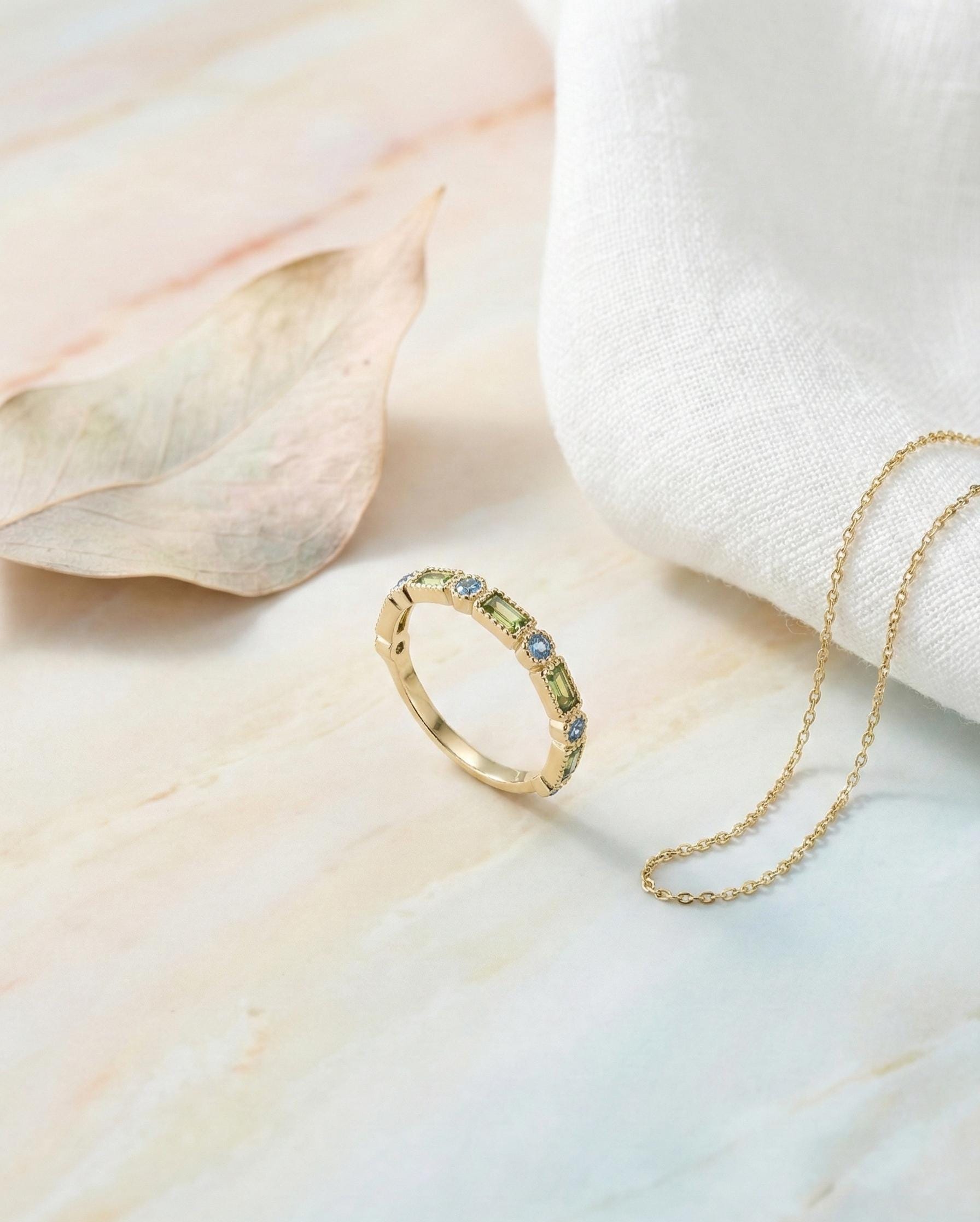 14k Solid Gold Blue Green Gemstone Ring