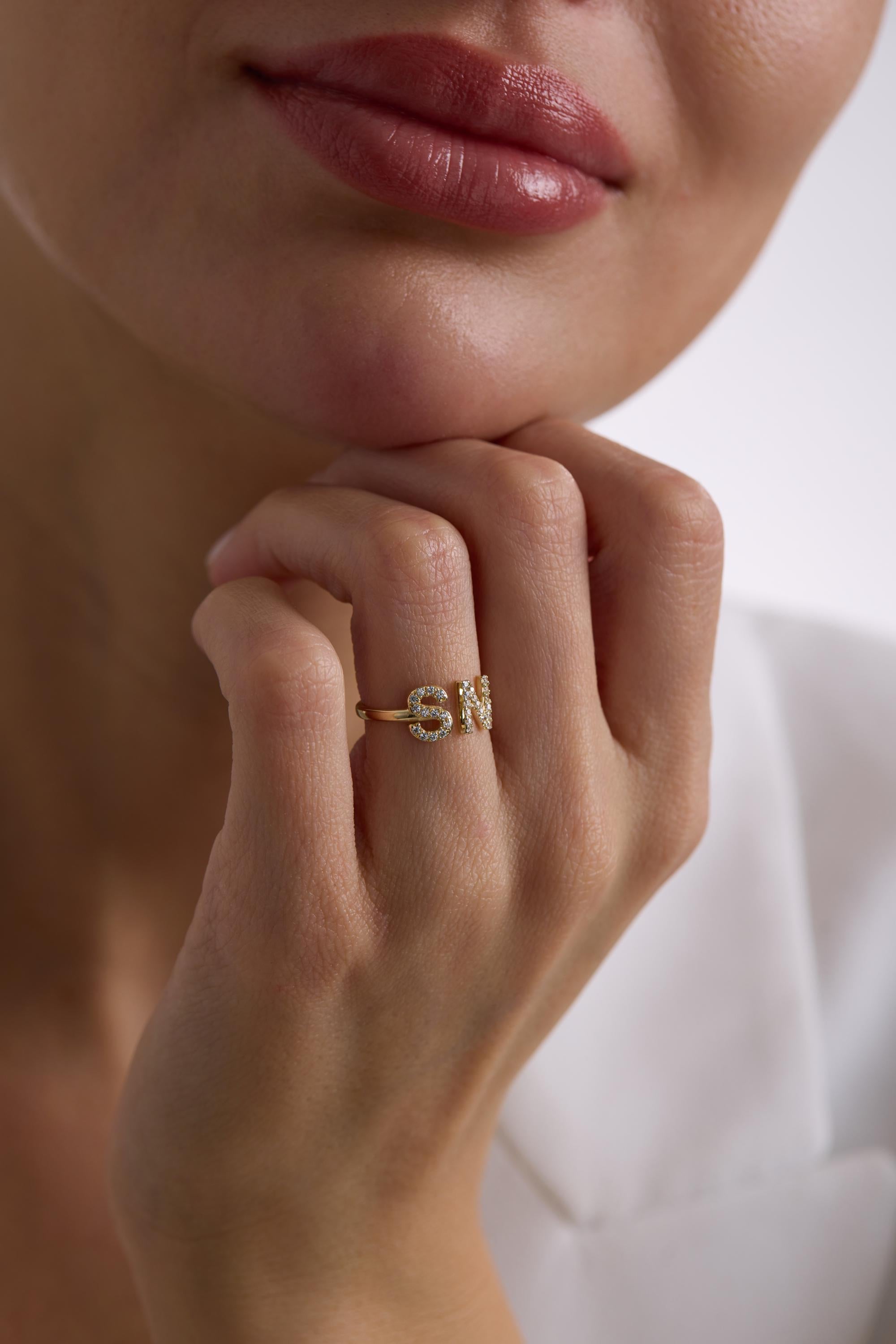 14K Two Initial Letter Ring with Diamonds or Cubic Zirconia