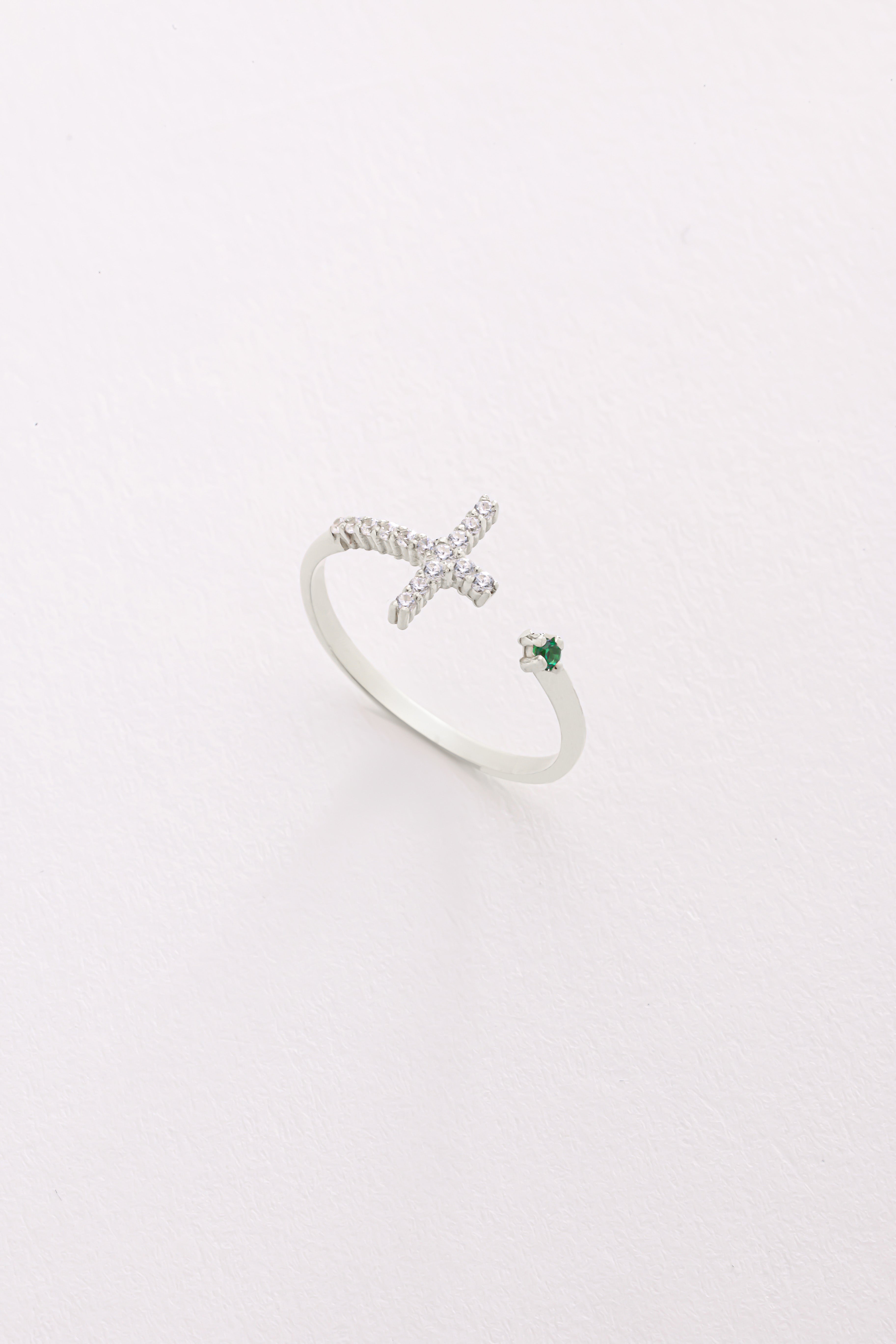 14k Gold Diamond Cross Open Ring with Emerald Accent