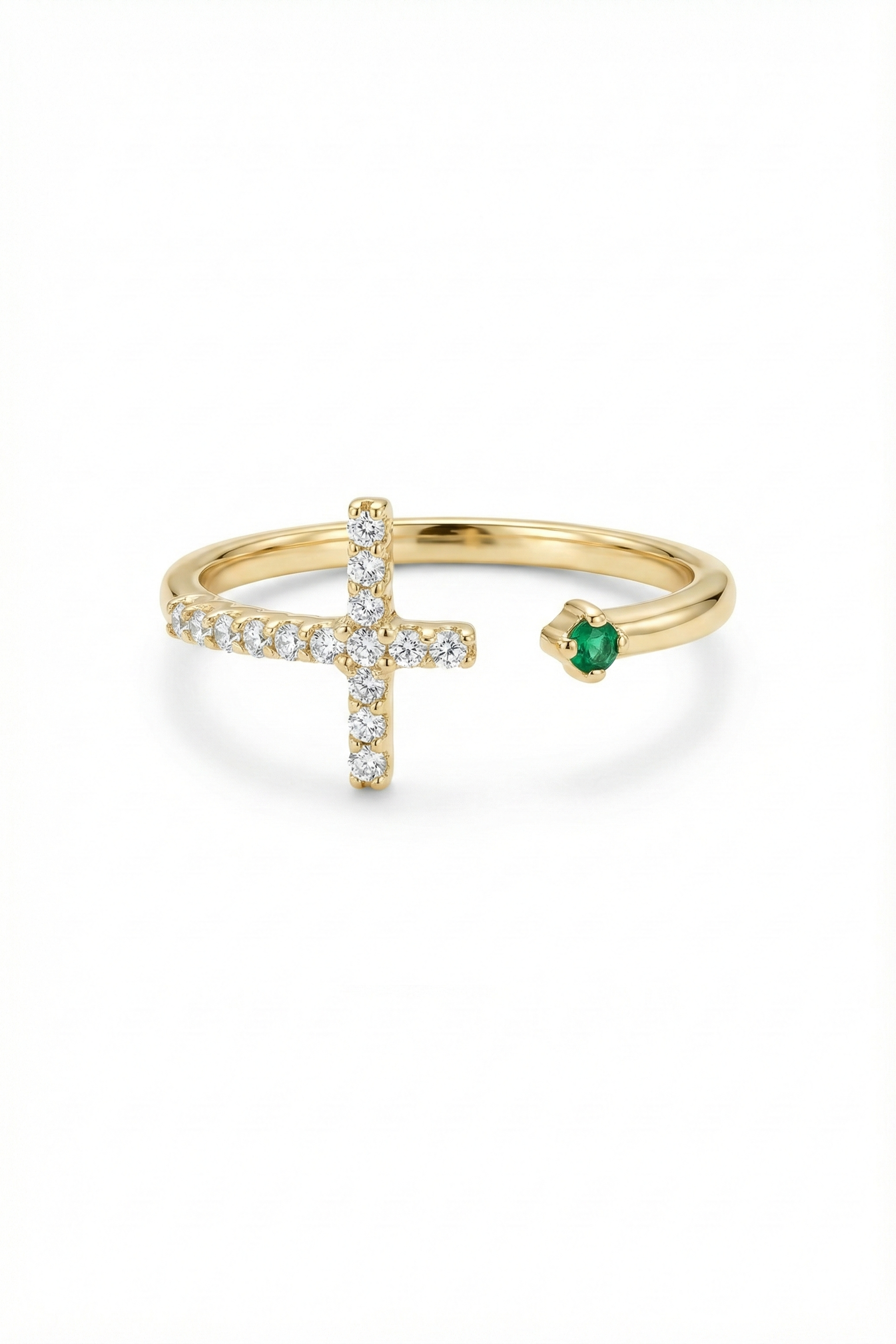 14k Gold Diamond Cross Open Ring with Emerald Accent