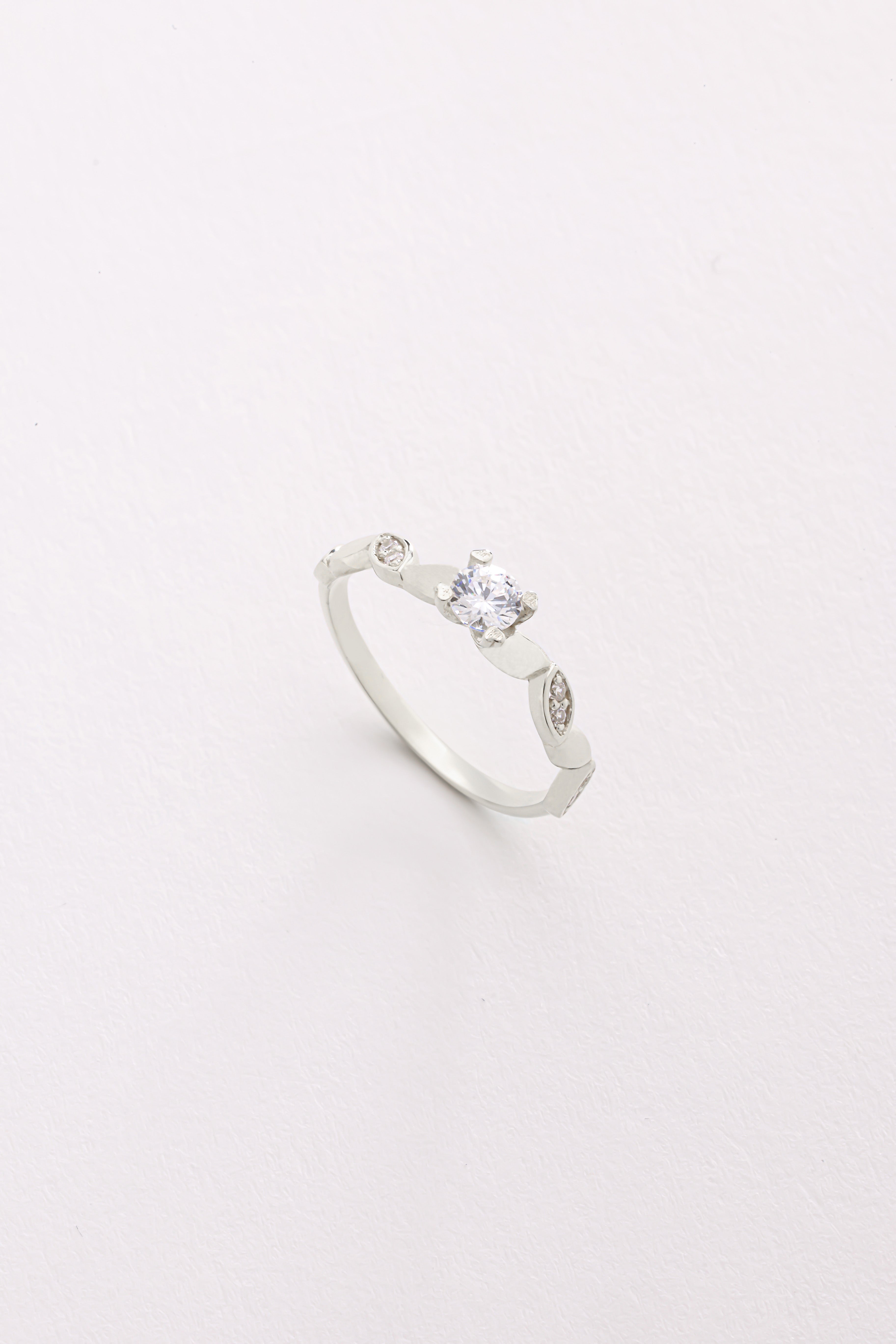 14k Gold Round Diamond Solitaire Ring with Marquise Accents