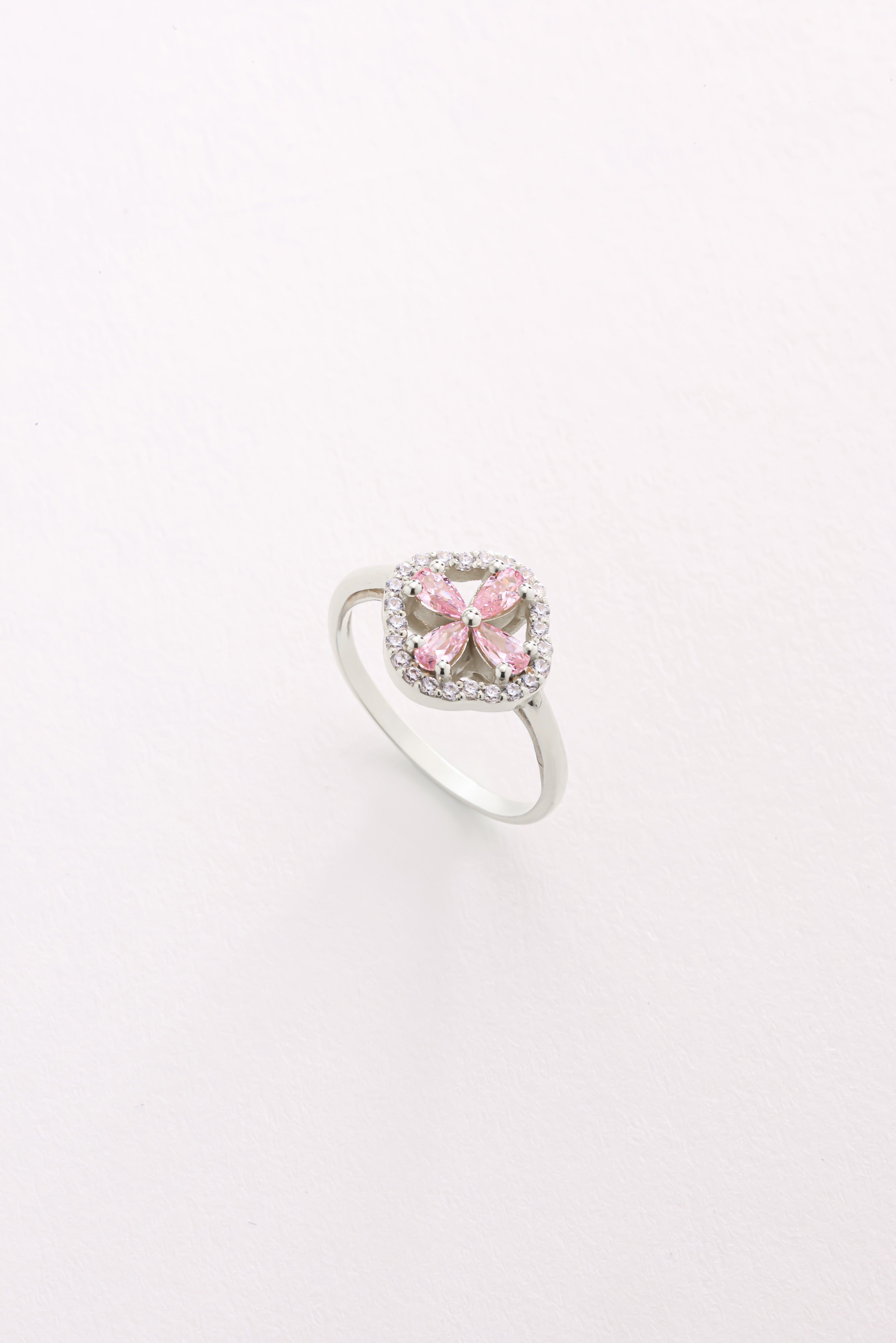 14k Gold Pink Stone Clover Ring