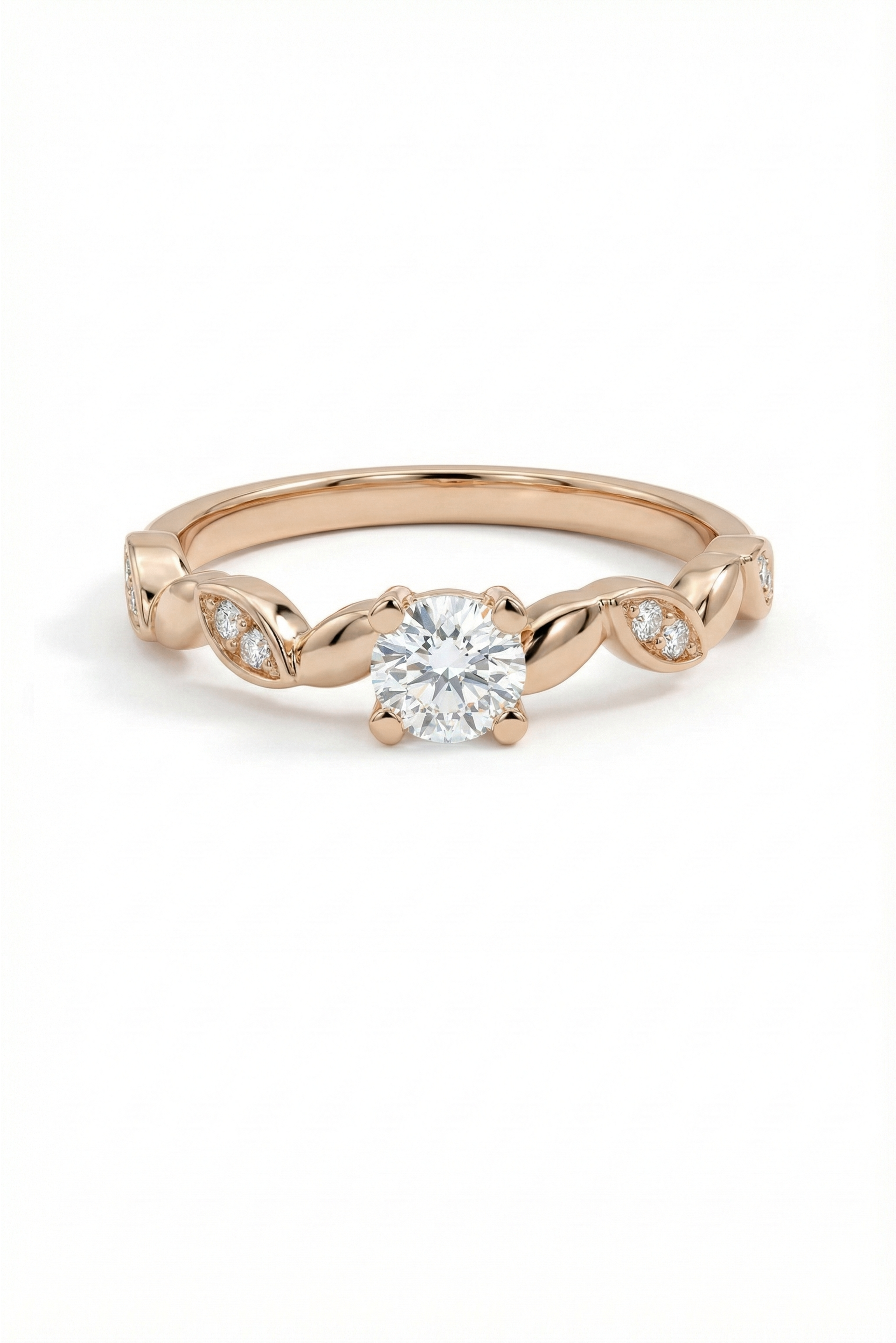 14k Gold Round Diamond Solitaire Ring with Marquise Accents